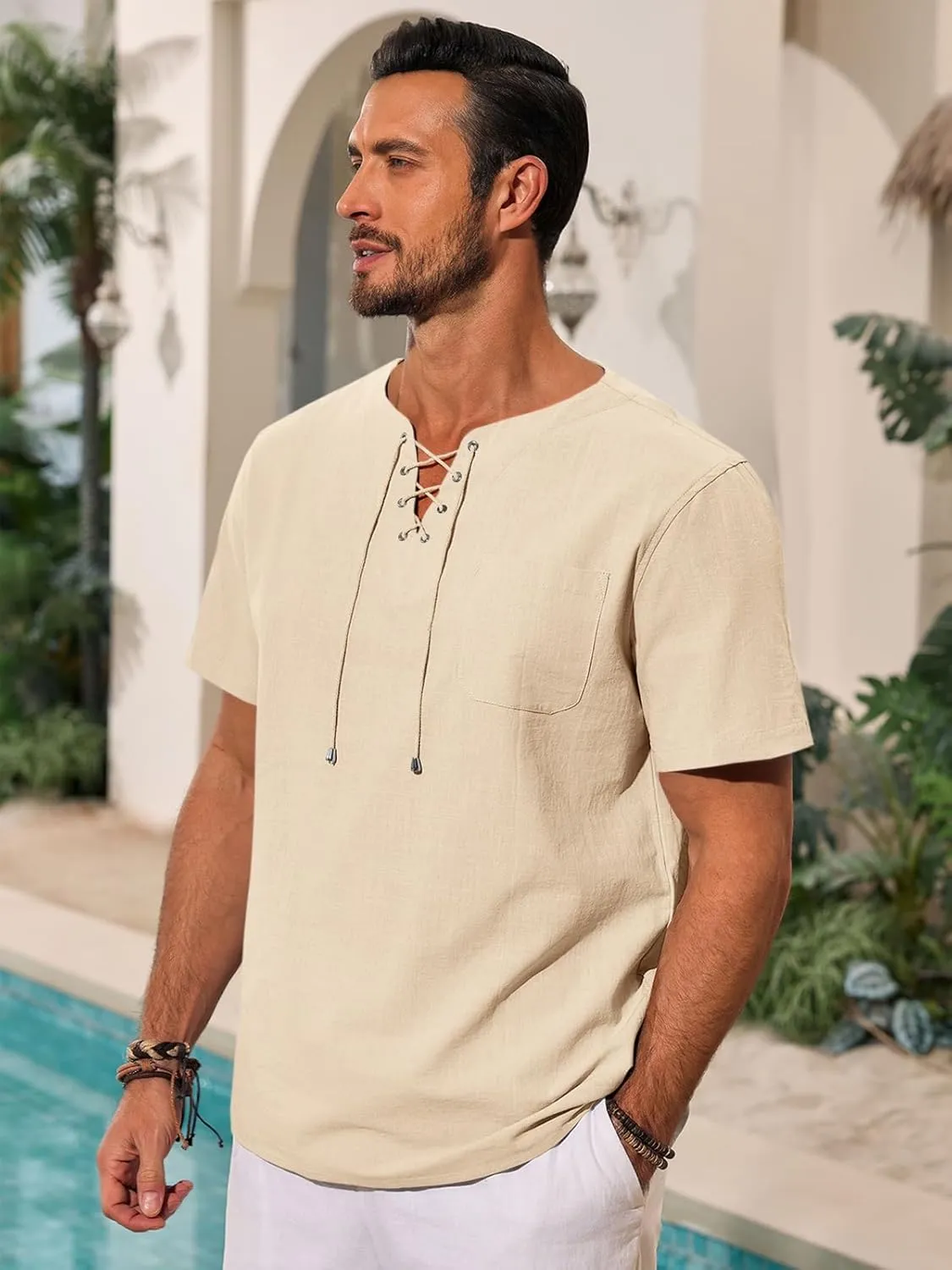 Runcati Mens Casual Henley Shirts Cotton Lace Up Short Sleeve Summer Beach Hippie V Neck Top Renaissance Pirate Shirt
