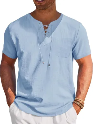 Runcati Mens Casual Henley Shirts Cotton Lace Up Short Sleeve Summer Beach Hippie V Neck Top Renaissance Pirate Shirt