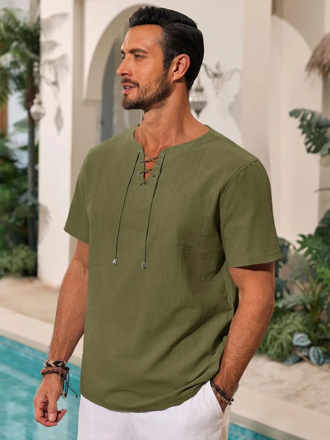 Runcati Mens Casual Henley Shirts Cotton Lace Up Short Sleeve Summer Beach Hippie V Neck Top Renaissance Pirate Shirt