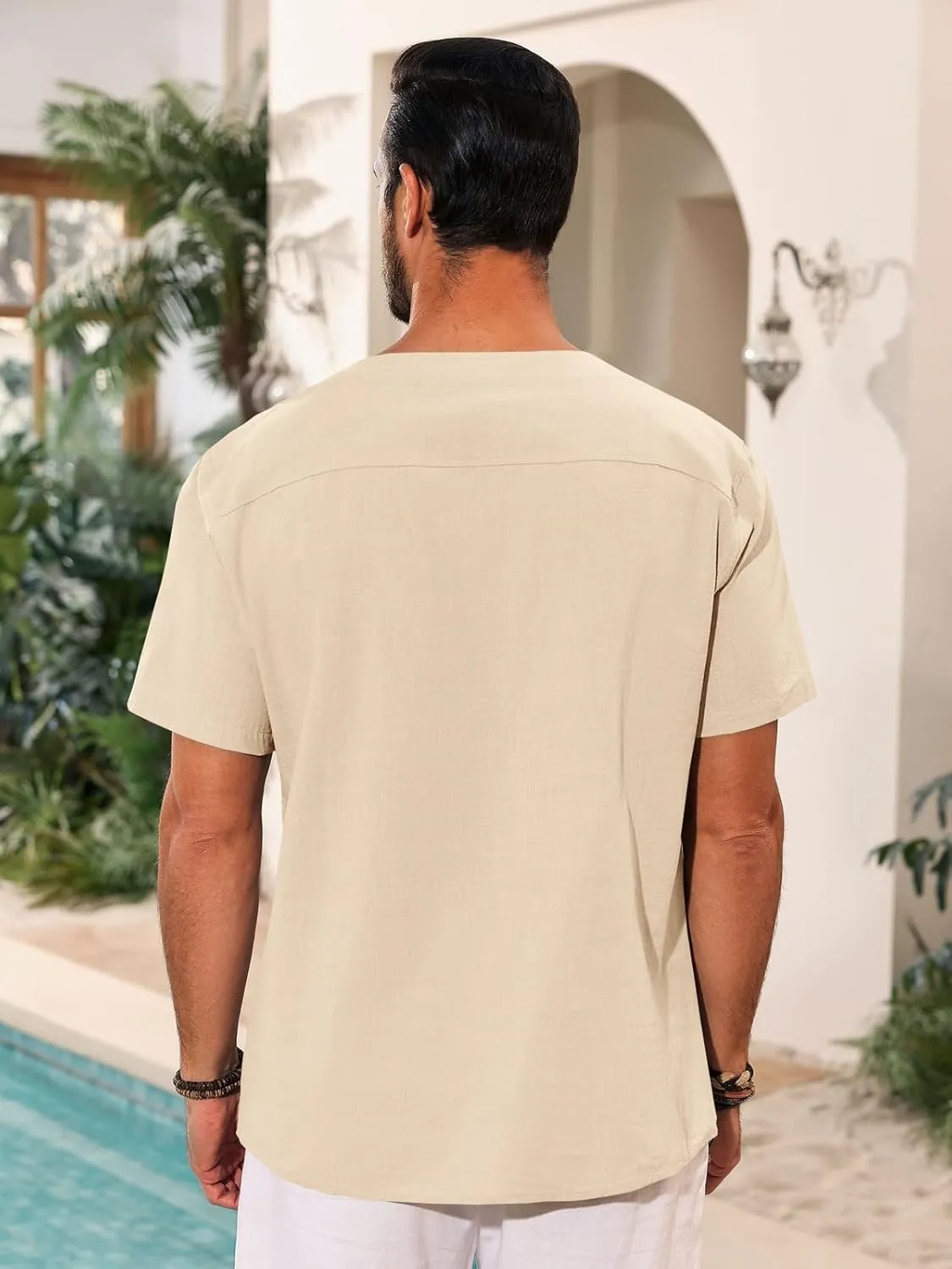 Runcati Mens Casual Henley Shirts Cotton Lace Up Short Sleeve Summer Beach Hippie V Neck Top Renaissance Pirate Shirt