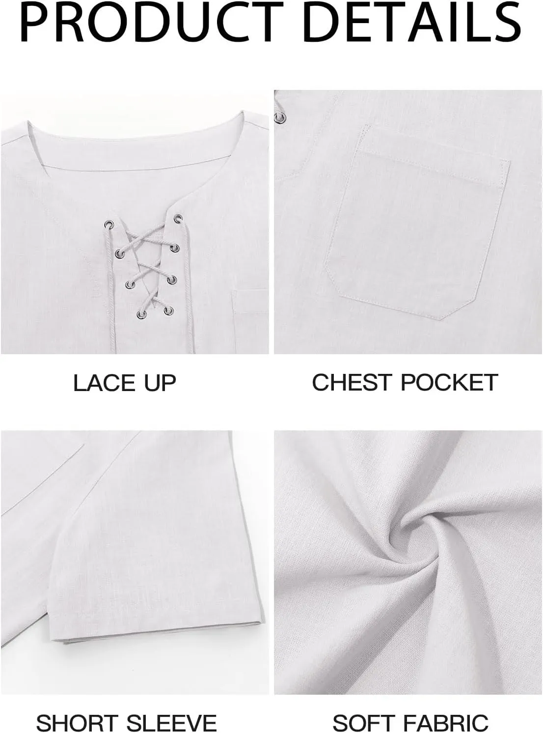 Runcati Mens Casual Henley Shirts Cotton Lace Up Short Sleeve Summer Beach Hippie V Neck Top Renaissance Pirate Shirt