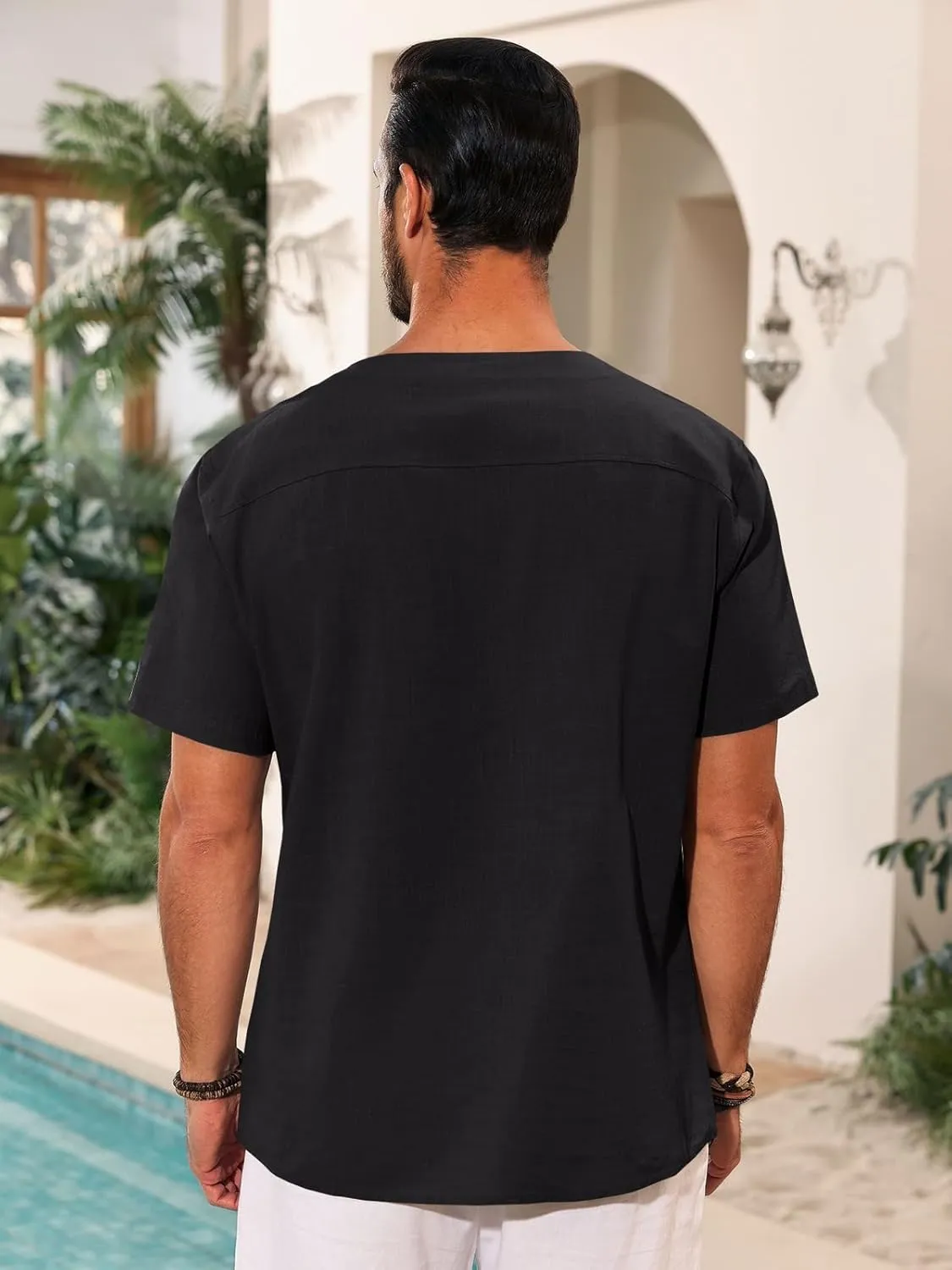 Runcati Mens Casual Henley Shirts Cotton Lace Up Short Sleeve Summer Beach Hippie V Neck Top Renaissance Pirate Shirt