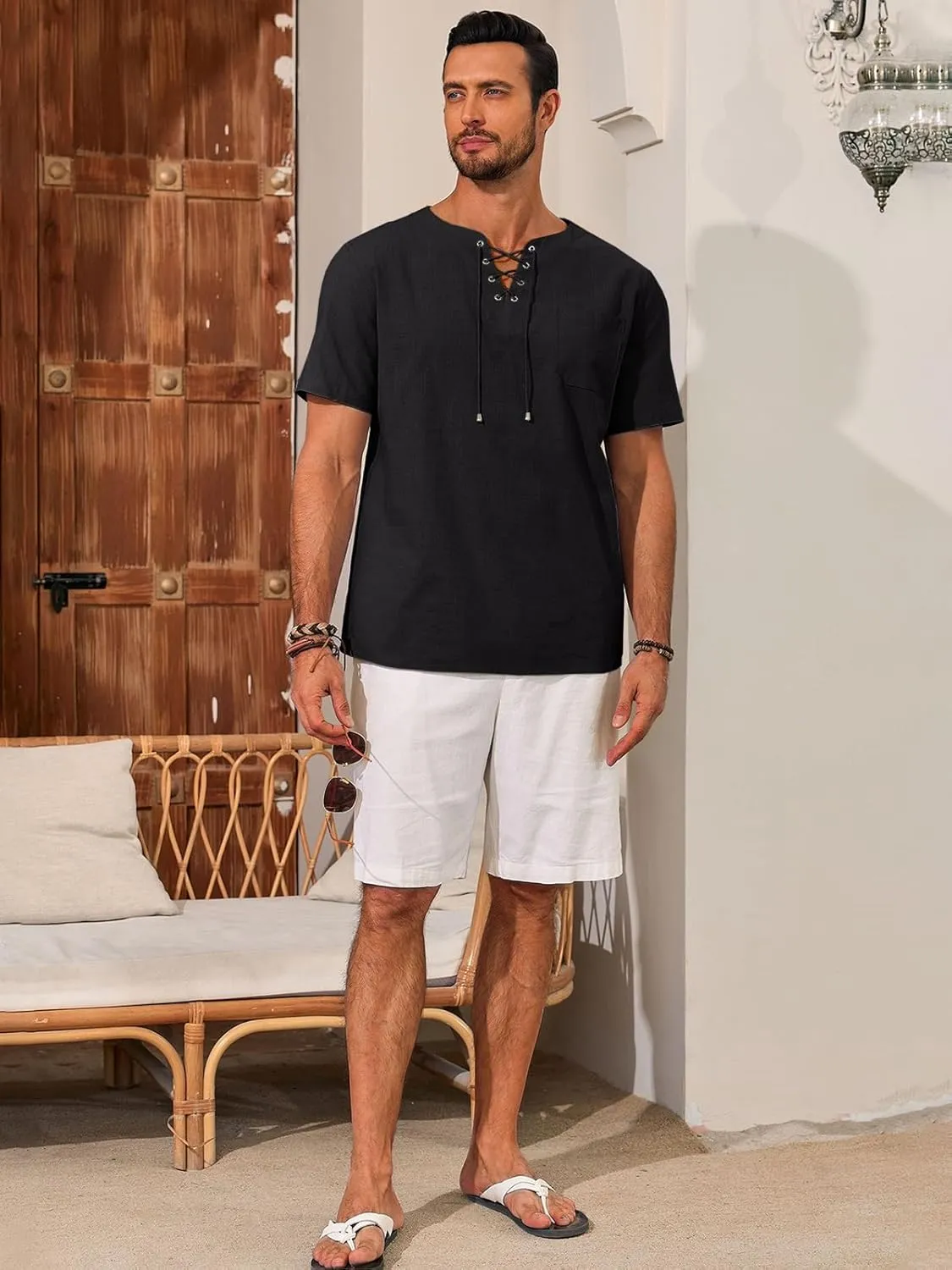 Runcati Mens Casual Henley Shirts Cotton Lace Up Short Sleeve Summer Beach Hippie V Neck Top Renaissance Pirate Shirt