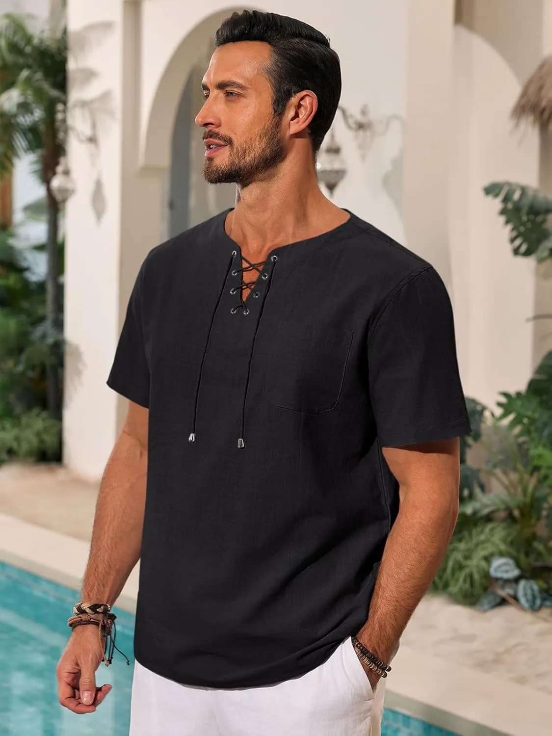 Runcati Mens Casual Henley Shirts Cotton Lace Up Short Sleeve Summer Beach Hippie V Neck Top Renaissance Pirate Shirt