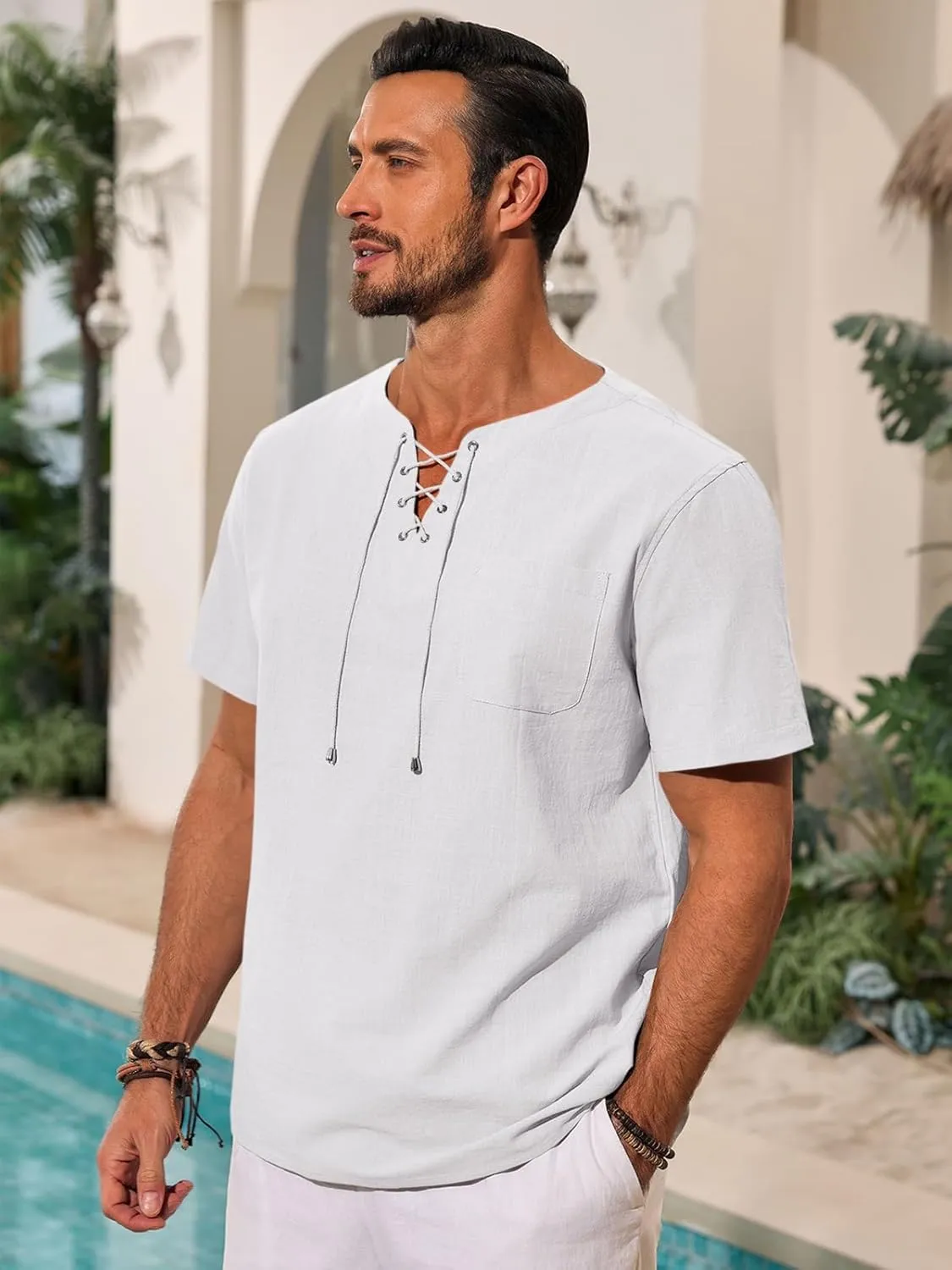 Runcati Mens Casual Henley Shirts Cotton Lace Up Short Sleeve Summer Beach Hippie V Neck Top Renaissance Pirate Shirt