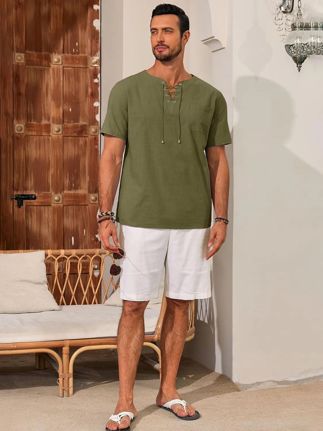Runcati Mens Casual Henley Shirts Cotton Lace Up Short Sleeve Summer Beach Hippie V Neck Top Renaissance Pirate Shirt