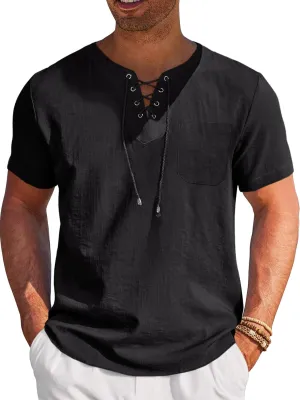 Runcati Mens Casual Henley Shirts Cotton Lace Up Short Sleeve Summer Beach Hippie V Neck Top Renaissance Pirate Shirt