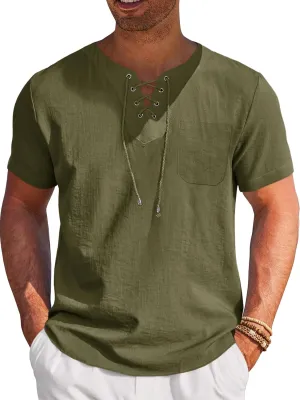 Runcati Mens Casual Henley Shirts Cotton Lace Up Short Sleeve Summer Beach Hippie V Neck Top Renaissance Pirate Shirt