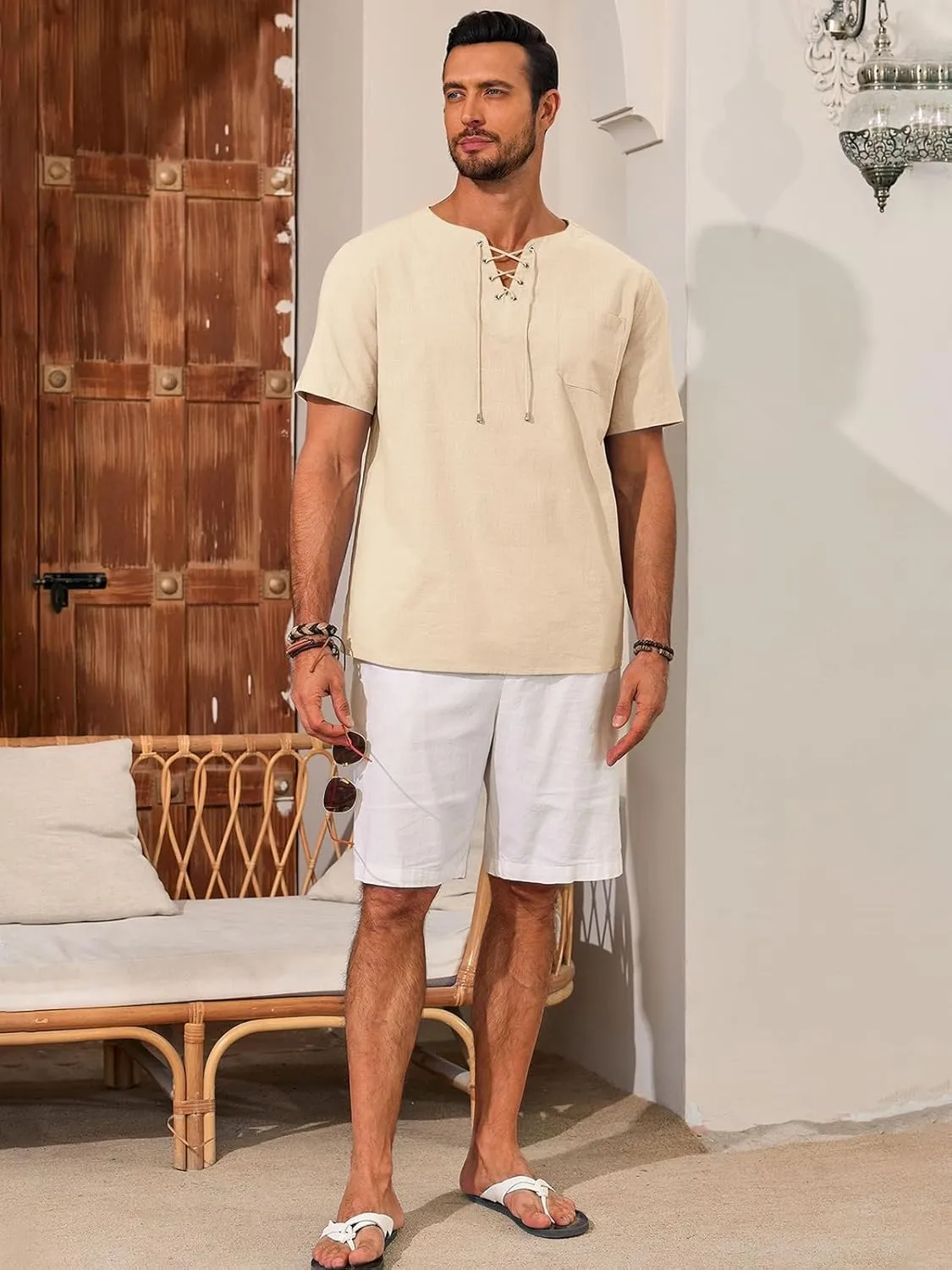 Runcati Mens Casual Henley Shirts Cotton Lace Up Short Sleeve Summer Beach Hippie V Neck Top Renaissance Pirate Shirt