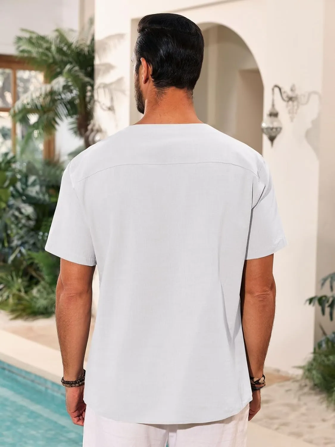 Runcati Mens Casual Henley Shirts Cotton Lace Up Short Sleeve Summer Beach Hippie V Neck Top Renaissance Pirate Shirt