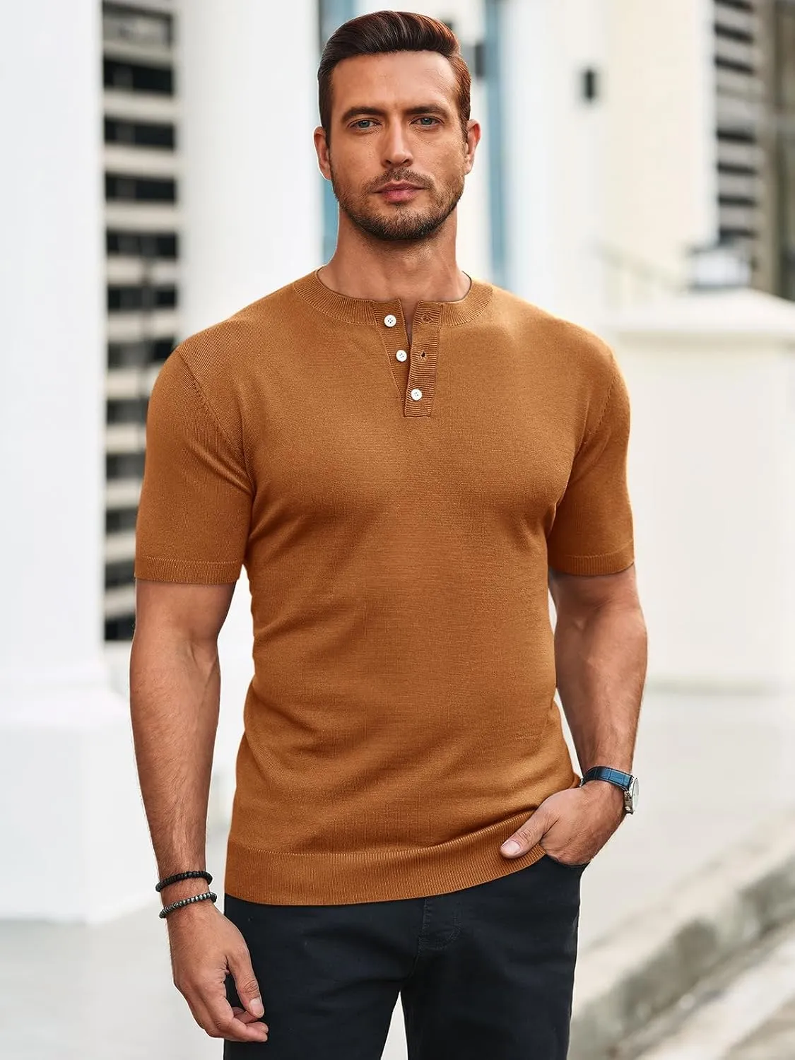 Runcati Mens Knit Henley Shirt Short Sleeve Casual Slim Fit T-Shirts Lightweight Pullover Tops