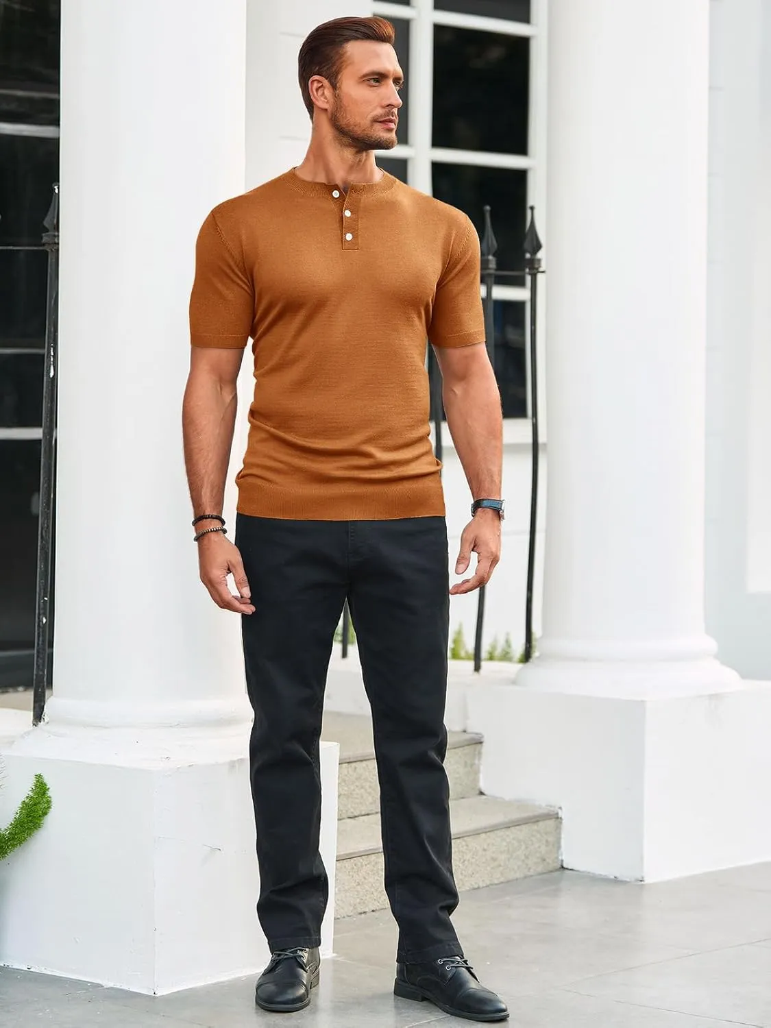 Runcati Mens Knit Henley Shirt Short Sleeve Casual Slim Fit T-Shirts Lightweight Pullover Tops