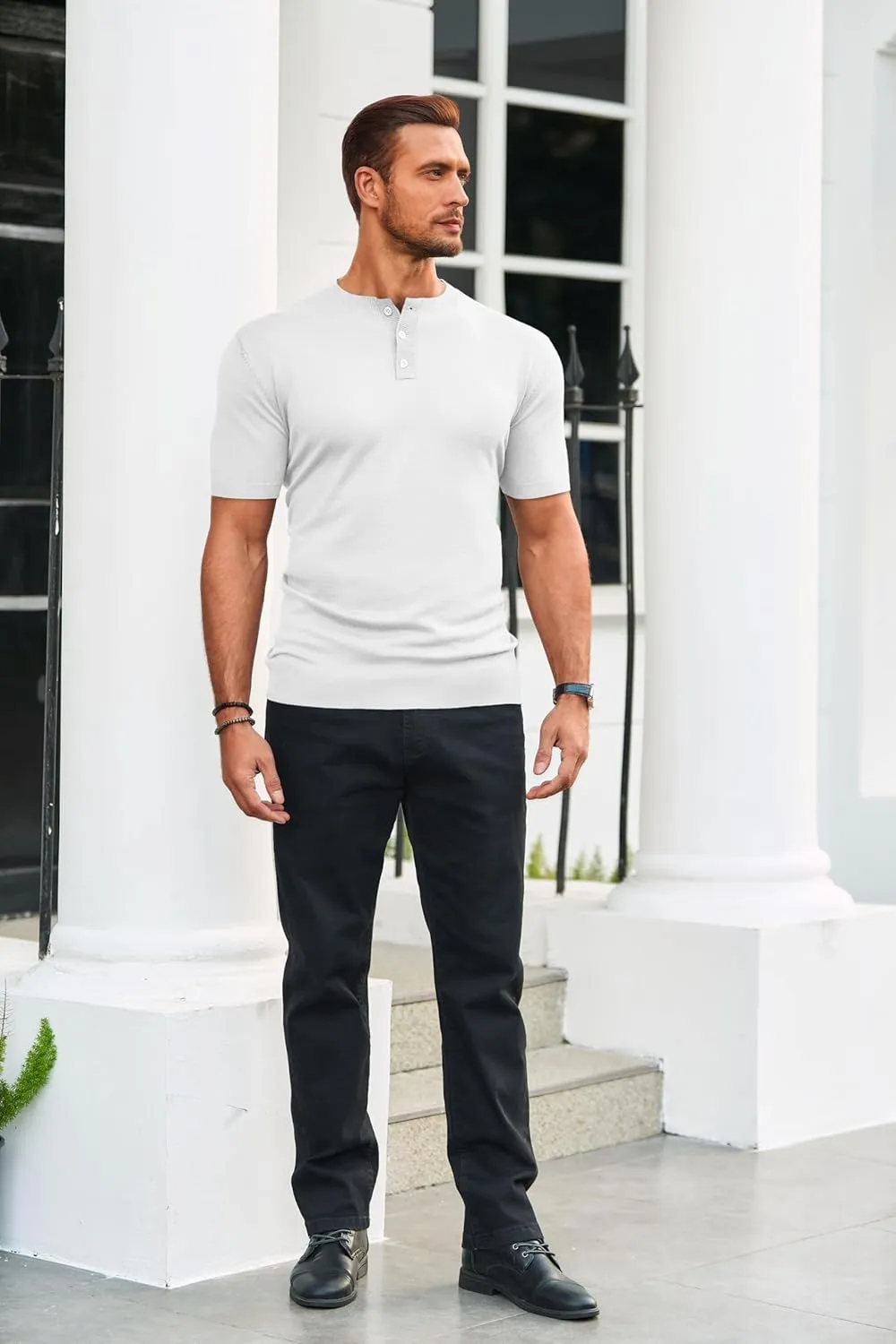 Runcati Mens Knit Henley Shirt Short Sleeve Casual Slim Fit T-Shirts Lightweight Pullover Tops