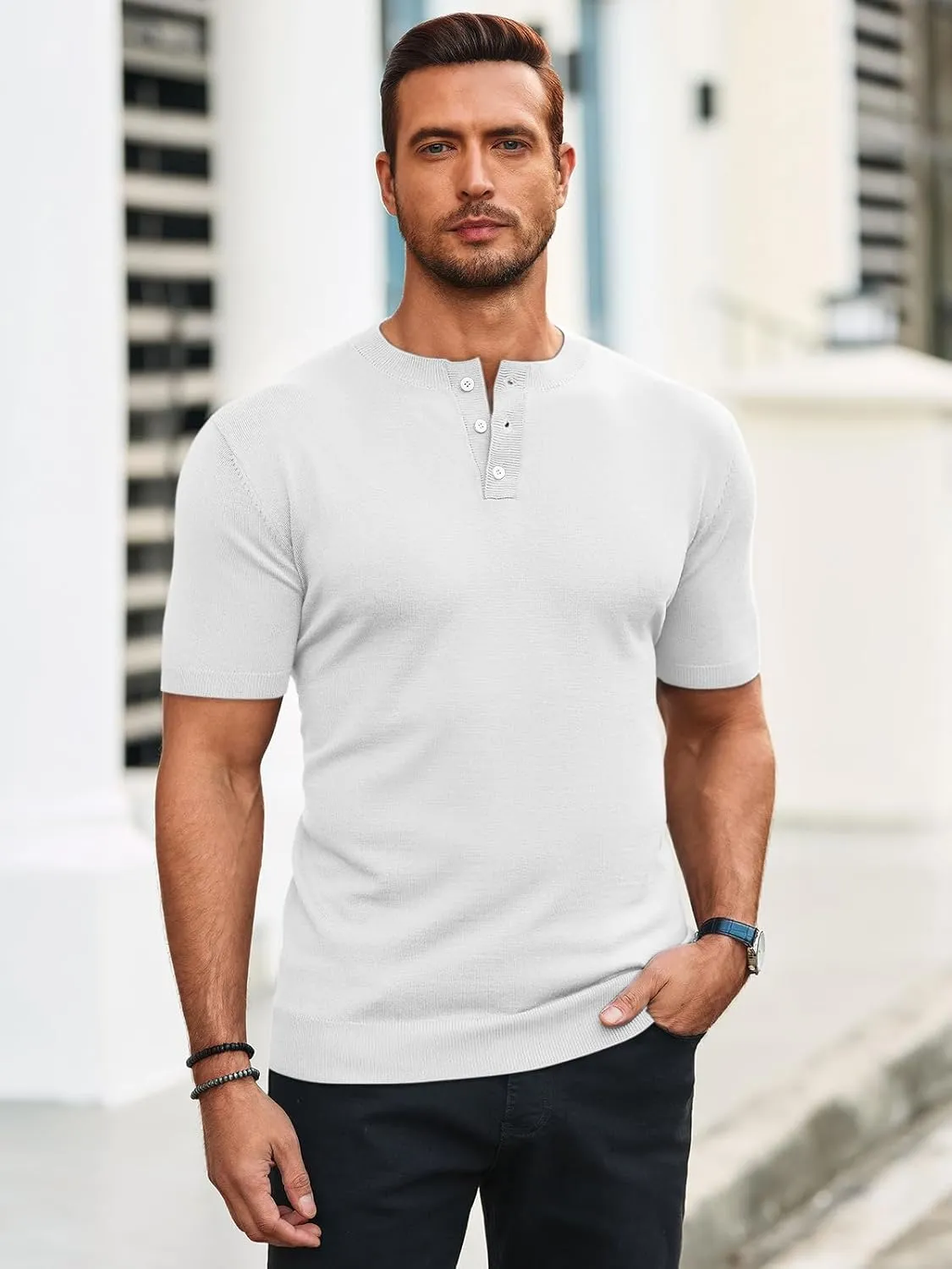Runcati Mens Knit Henley Shirt Short Sleeve Casual Slim Fit T-Shirts Lightweight Pullover Tops
