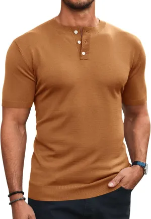 Runcati Mens Knit Henley Shirt Short Sleeve Casual Slim Fit T-Shirts Lightweight Pullover Tops