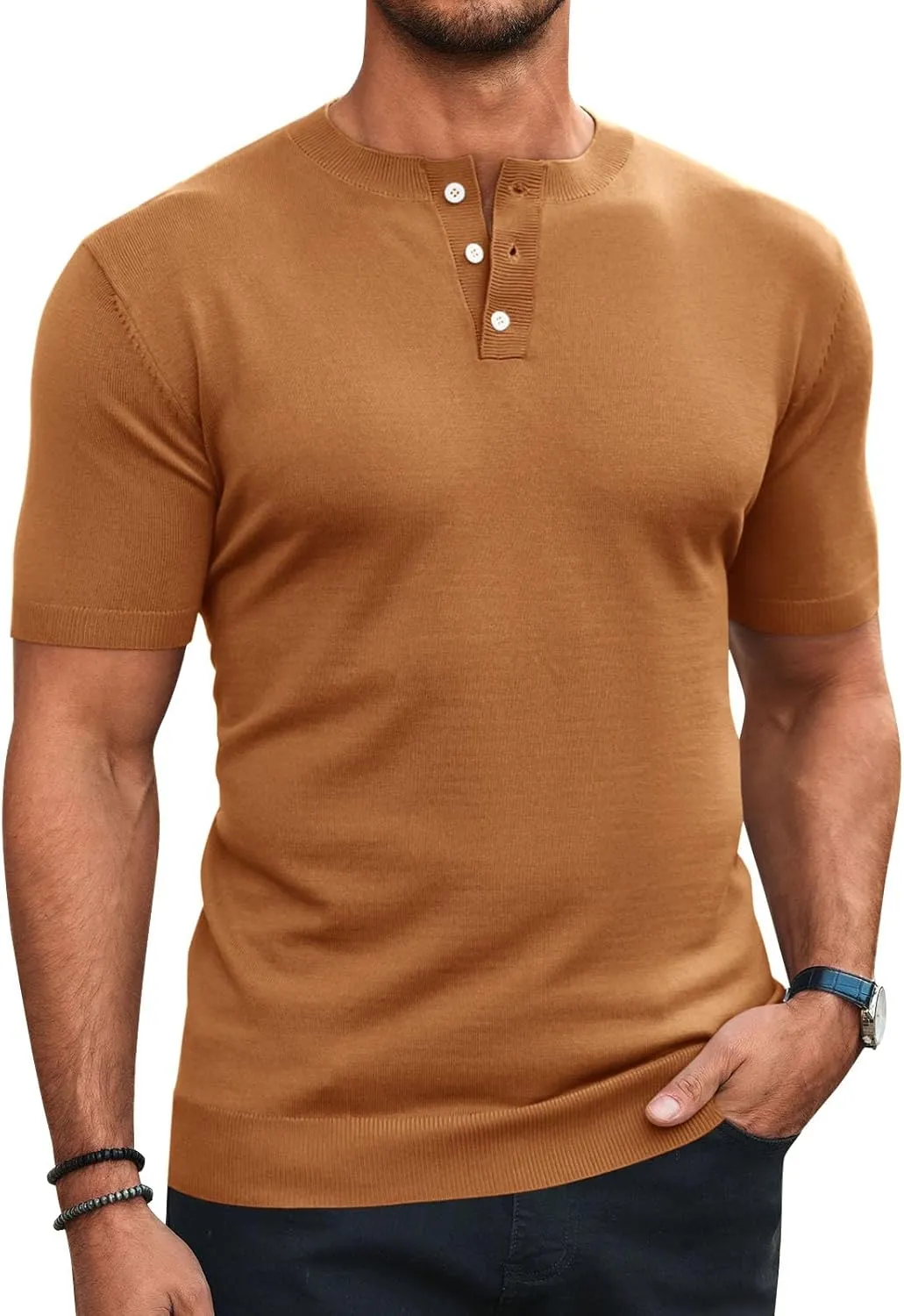 Runcati Mens Knit Henley Shirt Short Sleeve Casual Slim Fit T-Shirts Lightweight Pullover Tops