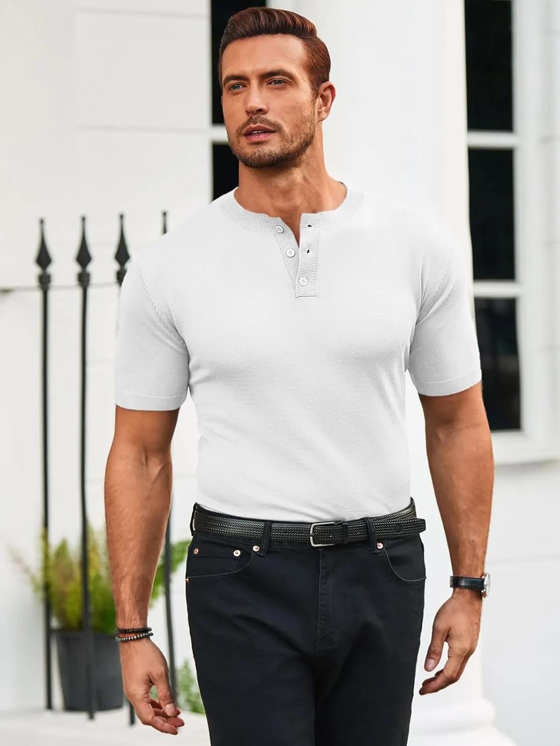 Runcati Mens Knit Henley Shirt Short Sleeve Casual Slim Fit T-Shirts Lightweight Pullover Tops