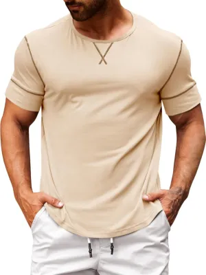 Runcati Mens Short Sleeve T-Shirts Crewneck Casual Cotton Workout Basic Tees Slim Fit Stretch Summer Shirt