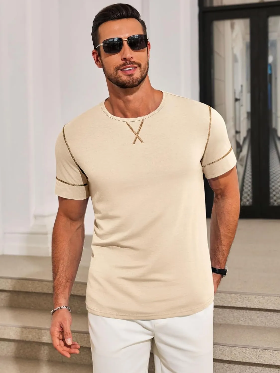 Runcati Mens Short Sleeve T-Shirts Crewneck Casual Cotton Workout Basic Tees Slim Fit Stretch Summer Shirt