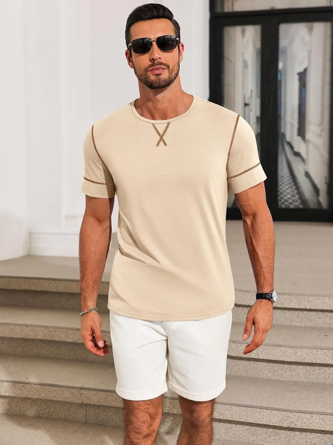 Runcati Mens Short Sleeve T-Shirts Crewneck Casual Cotton Workout Basic Tees Slim Fit Stretch Summer Shirt
