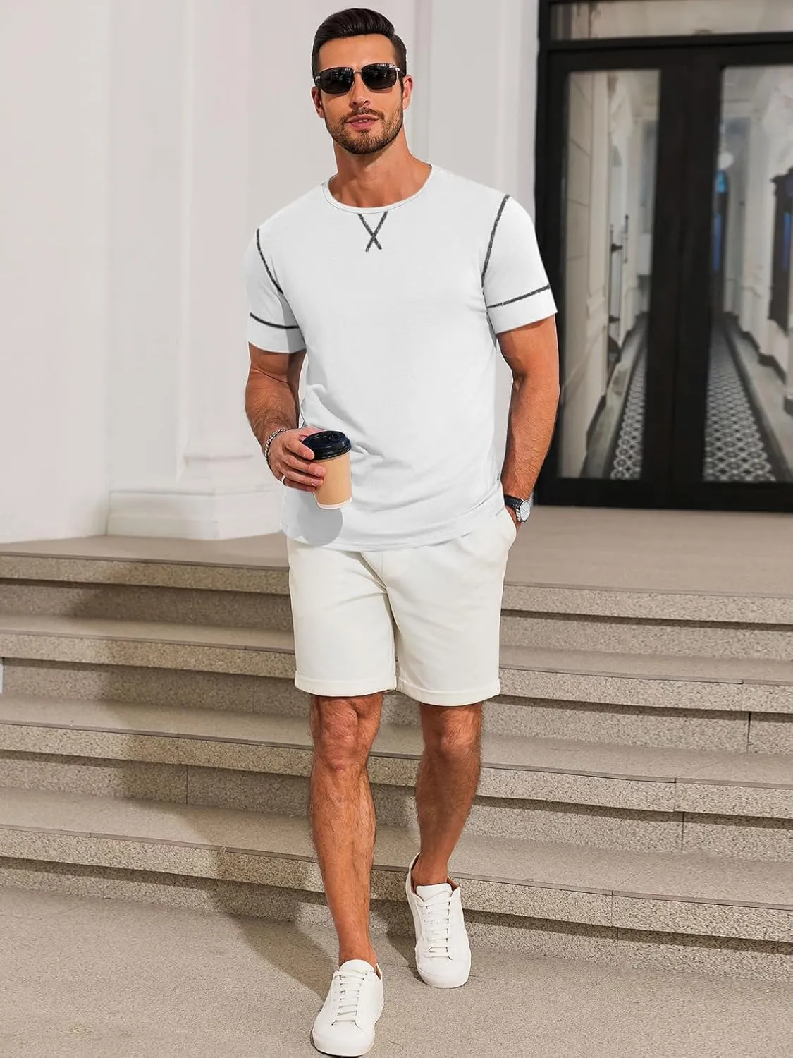 Runcati Mens Short Sleeve T-Shirts Crewneck Casual Cotton Workout Basic Tees Slim Fit Stretch Summer Shirt