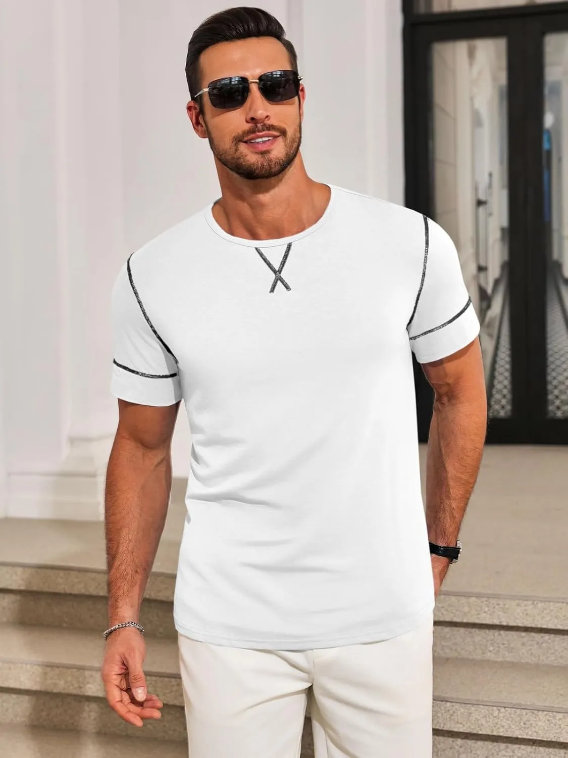Runcati Mens Short Sleeve T-Shirts Crewneck Casual Cotton Workout Basic Tees Slim Fit Stretch Summer Shirt