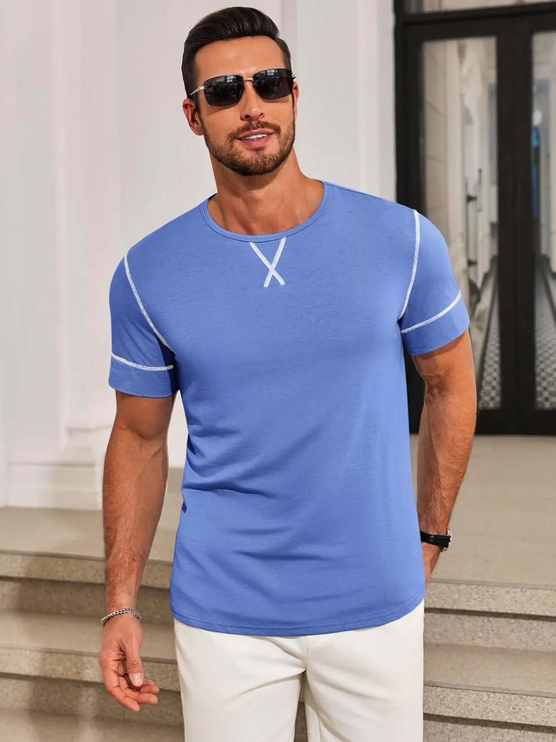 Runcati Mens Short Sleeve T-Shirts Crewneck Casual Cotton Workout Basic Tees Slim Fit Stretch Summer Shirt