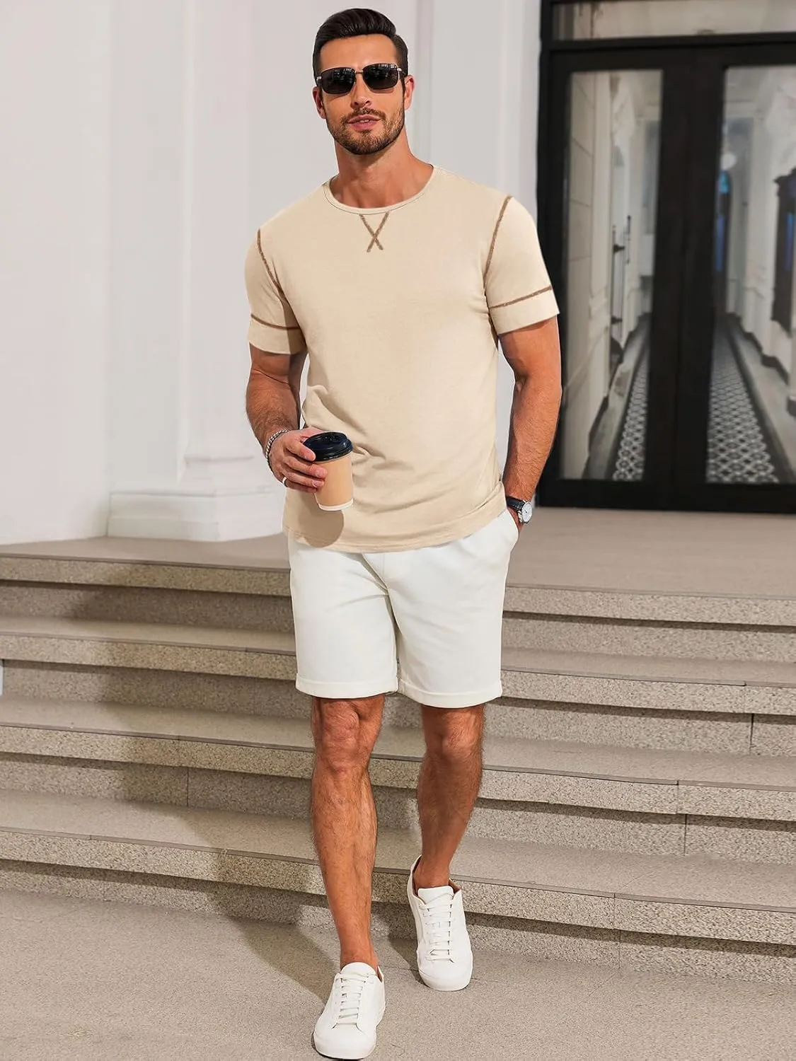 Runcati Mens Short Sleeve T-Shirts Crewneck Casual Cotton Workout Basic Tees Slim Fit Stretch Summer Shirt