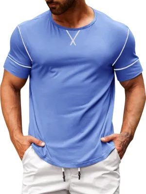 Runcati Mens Short Sleeve T-Shirts Crewneck Casual Cotton Workout Basic Tees Slim Fit Stretch Summer Shirt