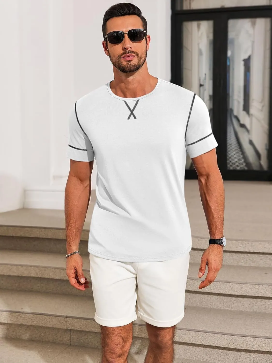 Runcati Mens Short Sleeve T-Shirts Crewneck Casual Cotton Workout Basic Tees Slim Fit Stretch Summer Shirt