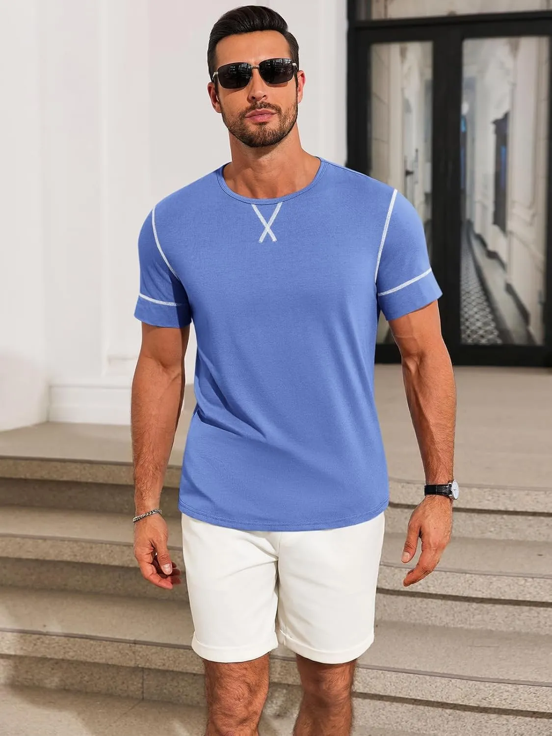Runcati Mens Short Sleeve T-Shirts Crewneck Casual Cotton Workout Basic Tees Slim Fit Stretch Summer Shirt