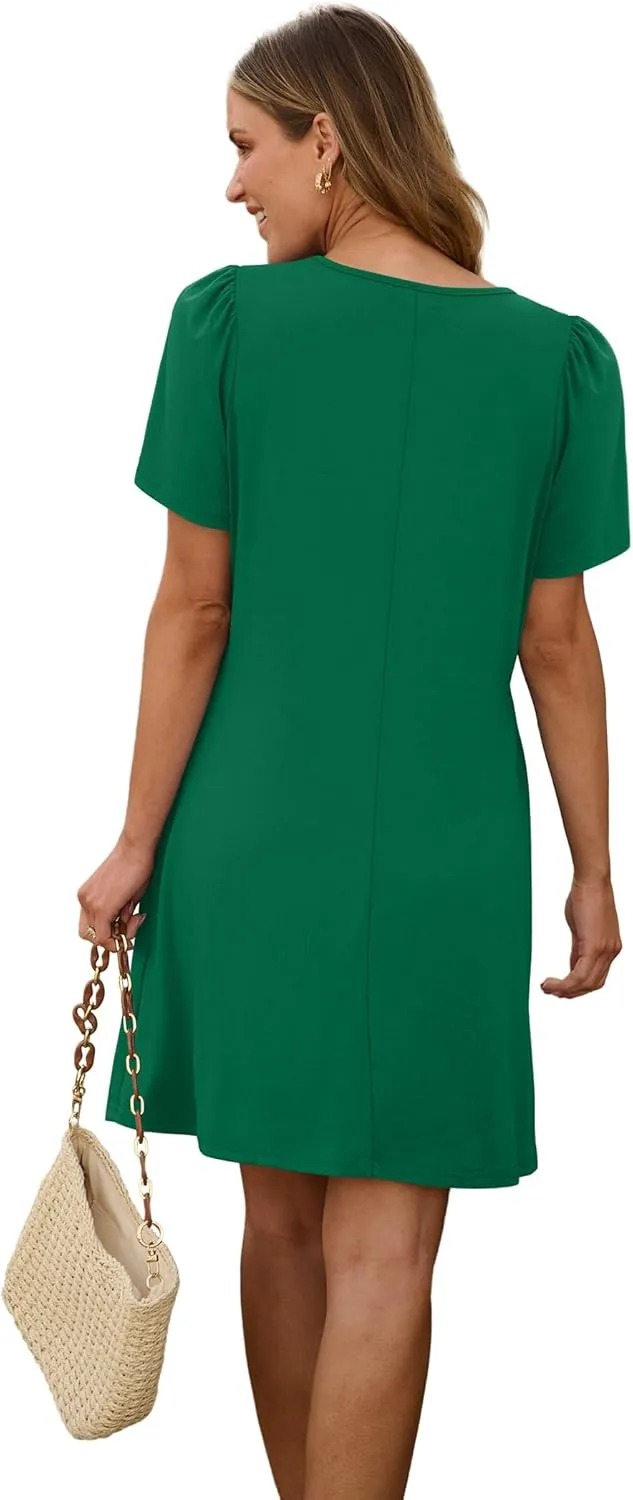 SAMPEEL Womens Pleated Front Summer Dresses Casual Short Sleeve T Shirts Dress with Pockets Vacation Beach Cover Up