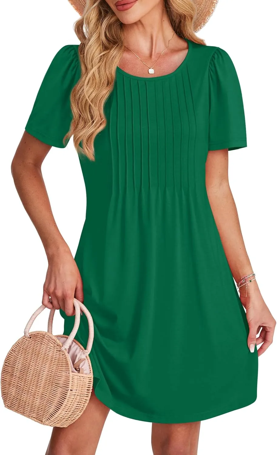 SAMPEEL Womens Pleated Front Summer Dresses Casual Short Sleeve T Shirts Dress with Pockets Vacation Beach Cover Up