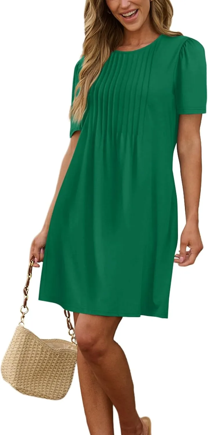 SAMPEEL Womens Pleated Front Summer Dresses Casual Short Sleeve T Shirts Dress with Pockets Vacation Beach Cover Up