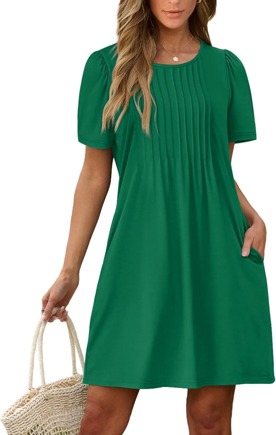 SAMPEEL Womens Pleated Front Summer Dresses Casual Short Sleeve T Shirts Dress with Pockets Vacation Beach Cover Up