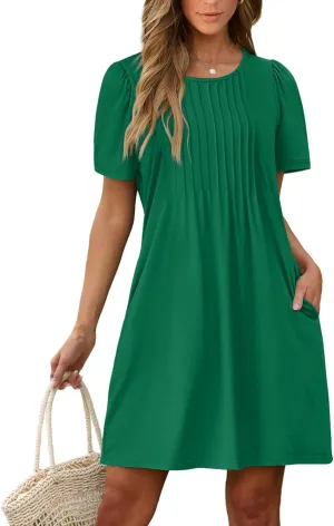 SAMPEEL Womens Pleated Front Summer Dresses Casual Short Sleeve T Shirts Dress with Pockets Vacation Beach Cover Up