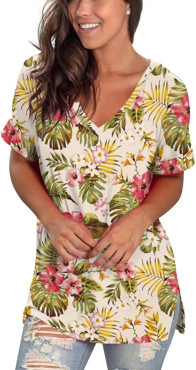 SAMPEEL Women's V Neck T Shirts Casual Rolled Short Sleeve Side Split Summer Tops Loose Fit