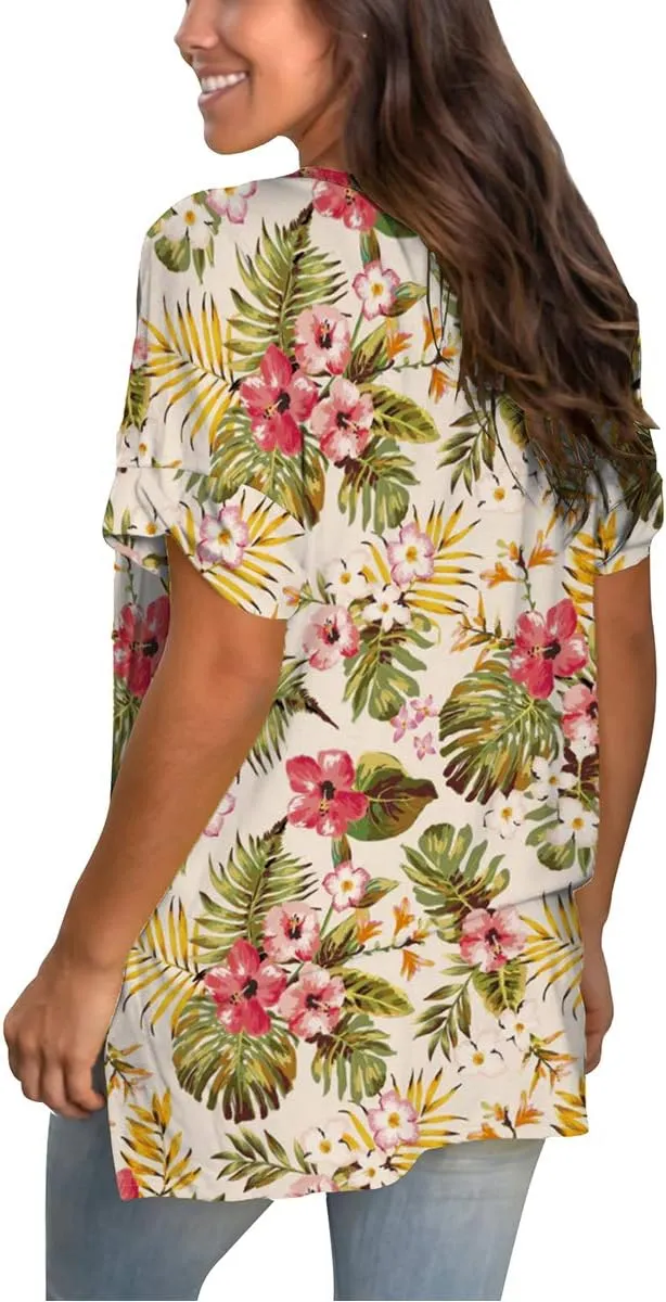SAMPEEL Women's V Neck T Shirts Casual Rolled Short Sleeve Side Split Summer Tops Loose Fit