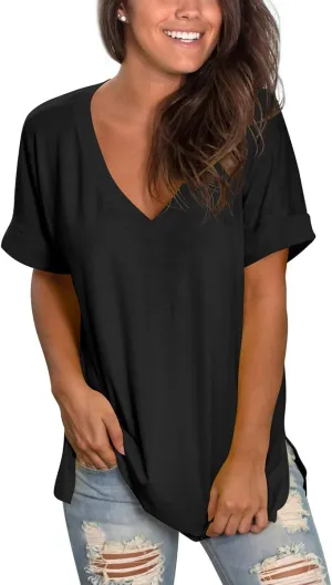 SAMPEEL Women's V Neck T Shirts Casual Rolled Short Sleeve Side Split Summer Tops Loose Fit