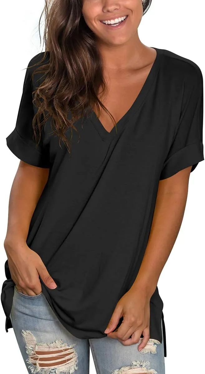 SAMPEEL Women's V Neck T Shirts Casual Rolled Short Sleeve Side Split Summer Tops Loose Fit