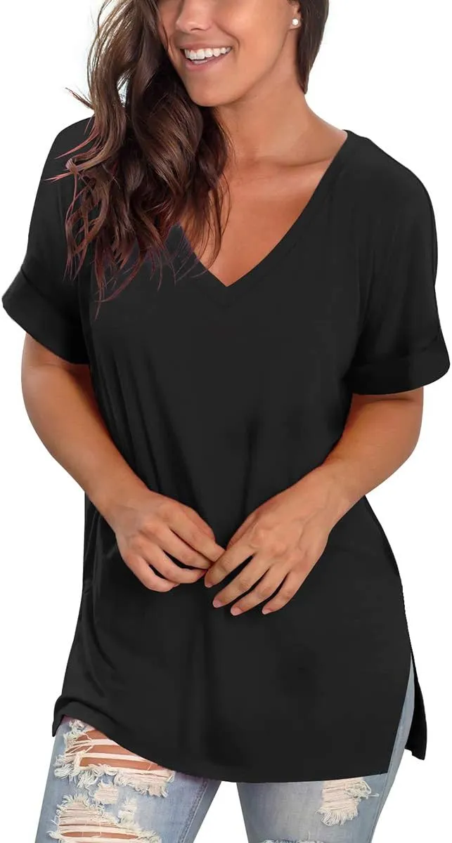 SAMPEEL Women's V Neck T Shirts Casual Rolled Short Sleeve Side Split Summer Tops Loose Fit