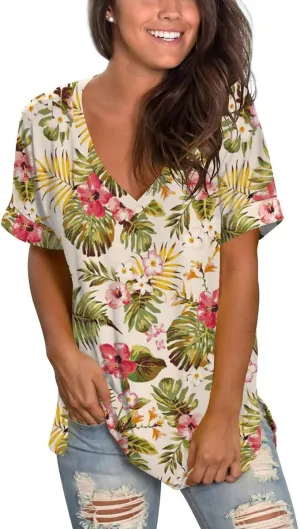 SAMPEEL Women's V Neck T Shirts Casual Rolled Short Sleeve Side Split Summer Tops Loose Fit