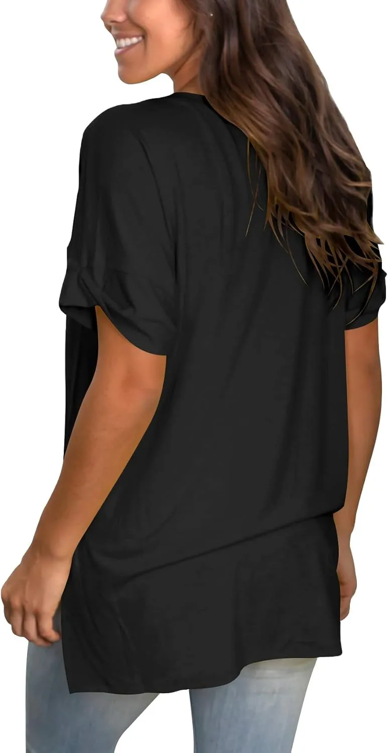 SAMPEEL Women's V Neck T Shirts Casual Rolled Short Sleeve Side Split Summer Tops Loose Fit