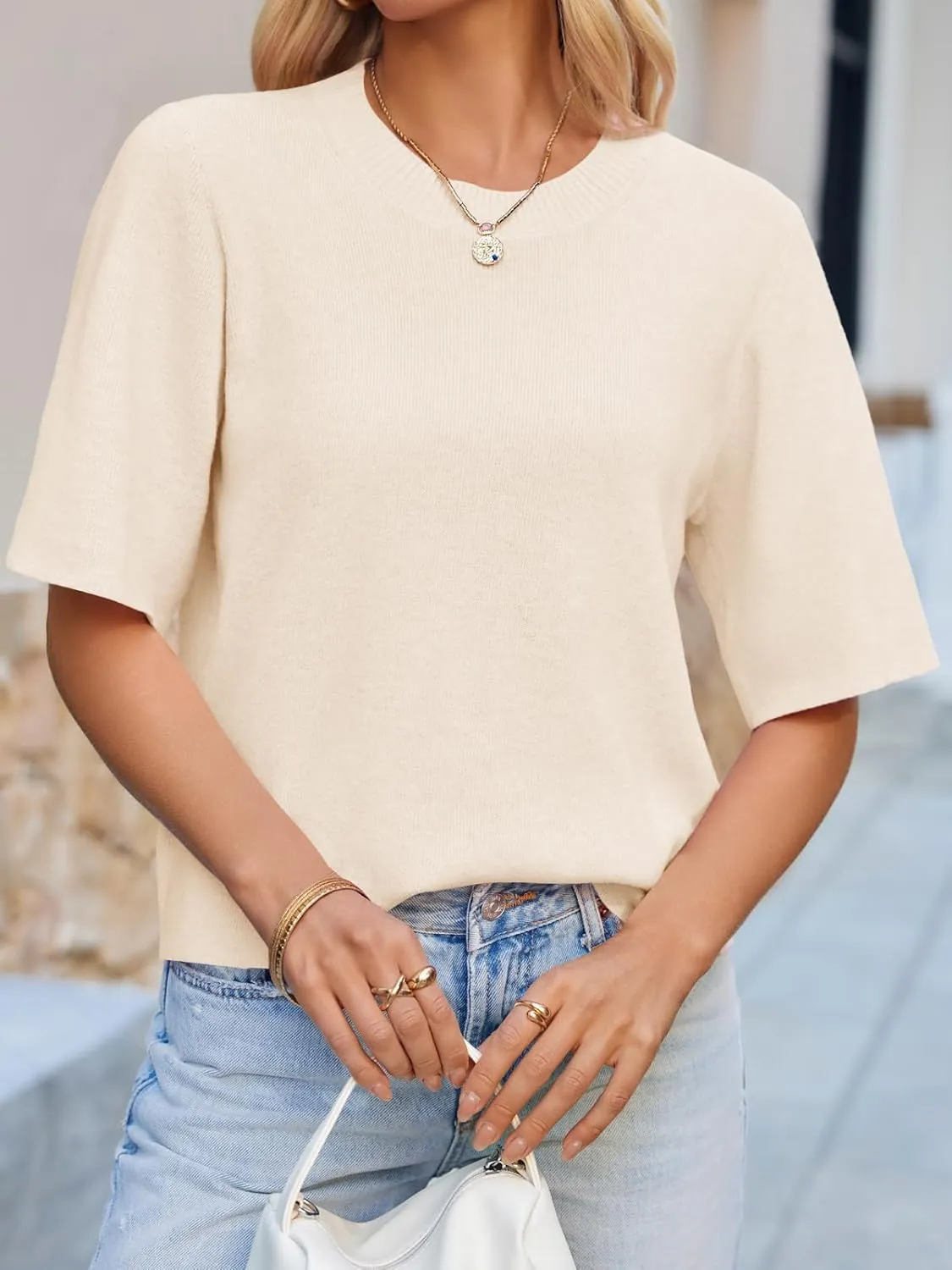 Saodimallsu Womens Short Sleeve Sweater Tops Crew Neck Lightweight Knit Casual Loose Fit Summer Basic T Shirts