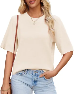 Saodimallsu Womens Short Sleeve Sweater Tops Crew Neck Lightweight Knit Casual Loose Fit Summer Basic T Shirts