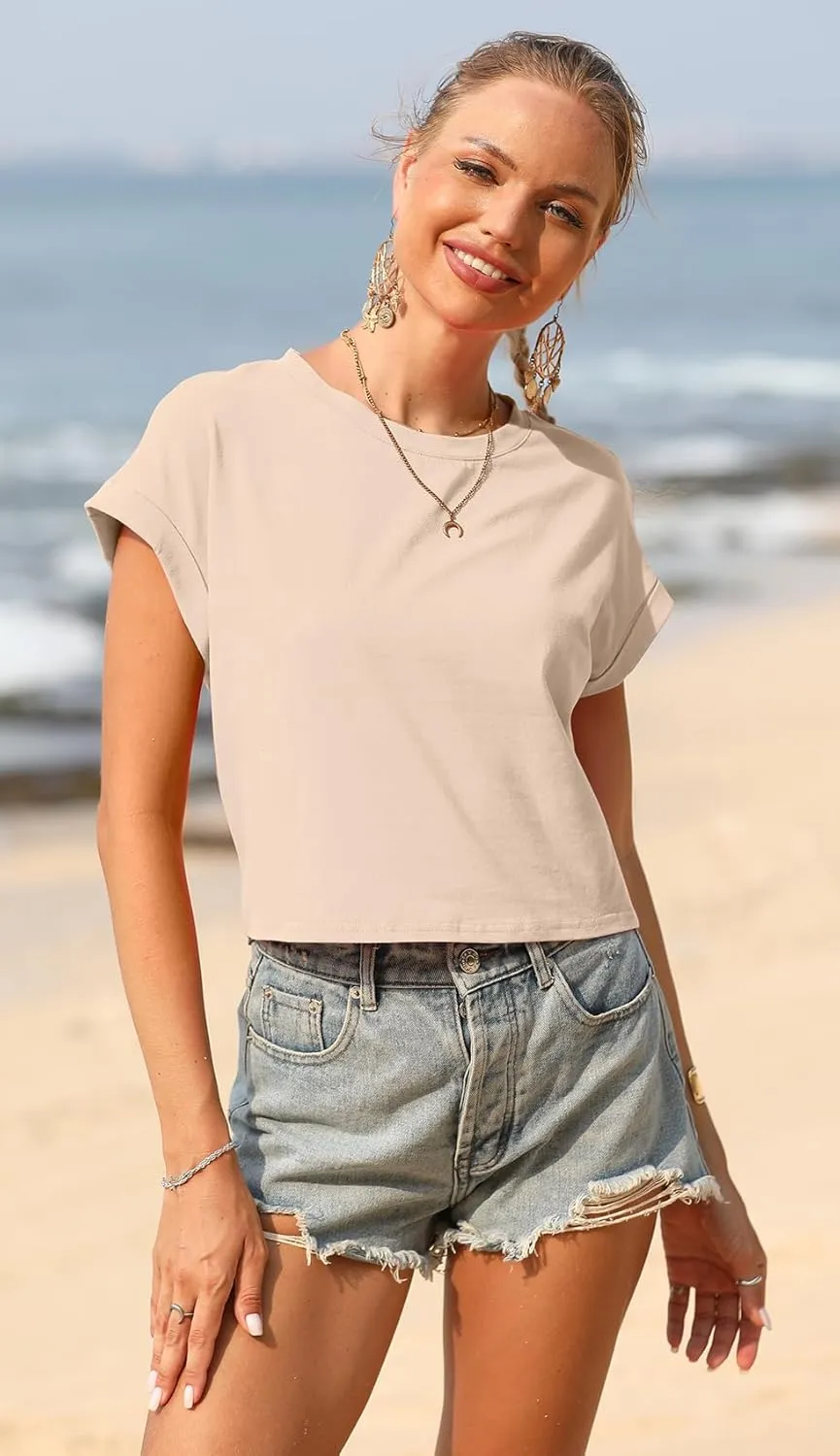 Sherosa Women's Loose Crop Tops Rolled Short Sleeve Round Neck Summer Basic Cropped T Shirts