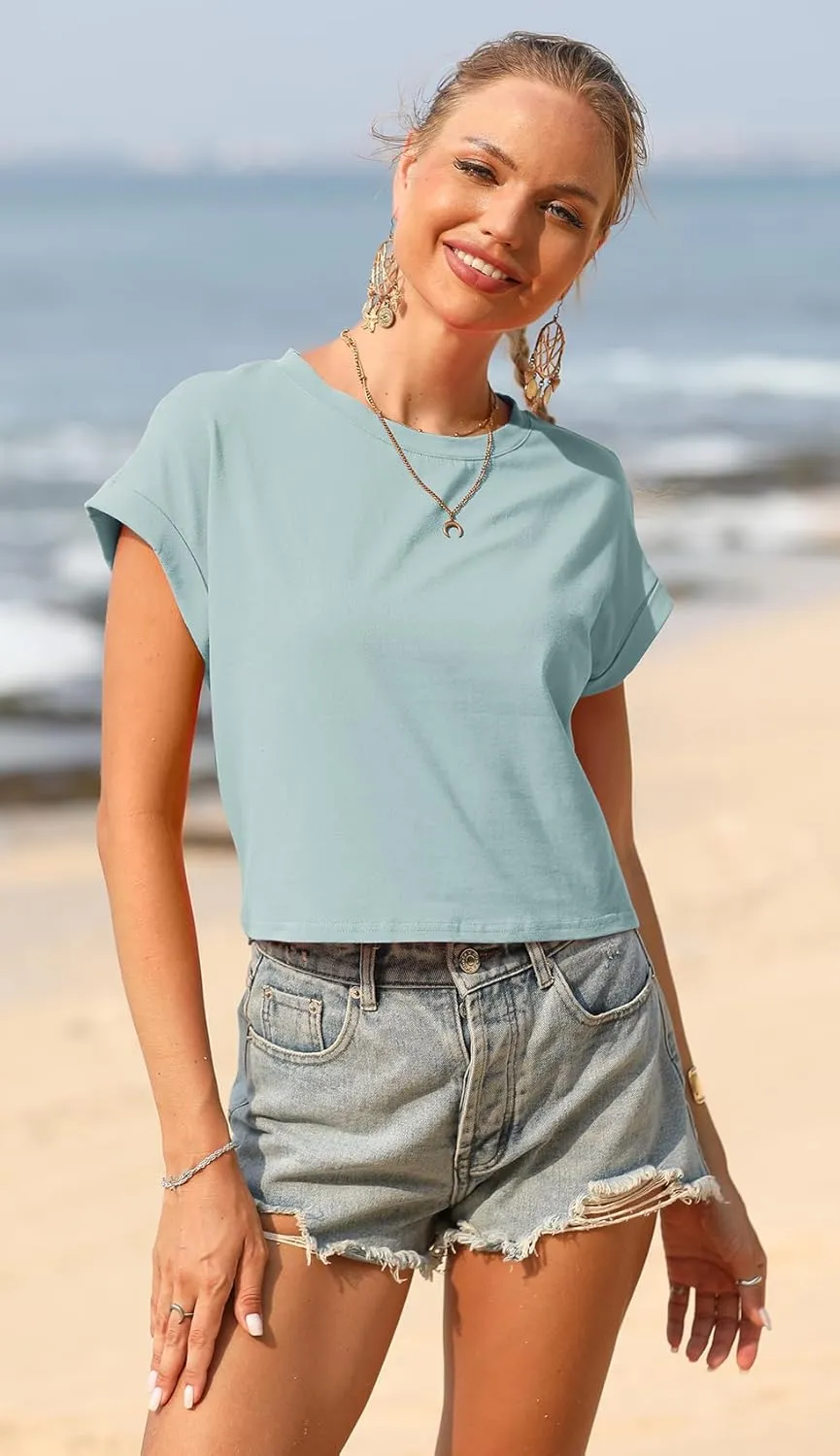 Sherosa Women's Loose Crop Tops Rolled Short Sleeve Round Neck Summer Basic Cropped T Shirts