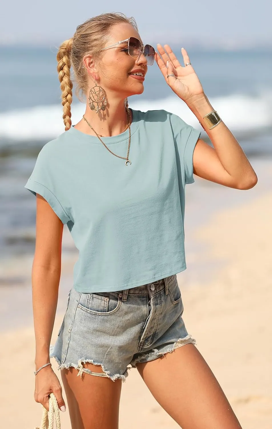 Sherosa Women's Loose Crop Tops Rolled Short Sleeve Round Neck Summer Basic Cropped T Shirts