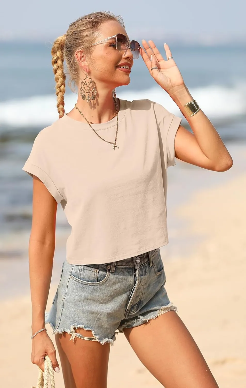 Sherosa Women's Loose Crop Tops Rolled Short Sleeve Round Neck Summer Basic Cropped T Shirts