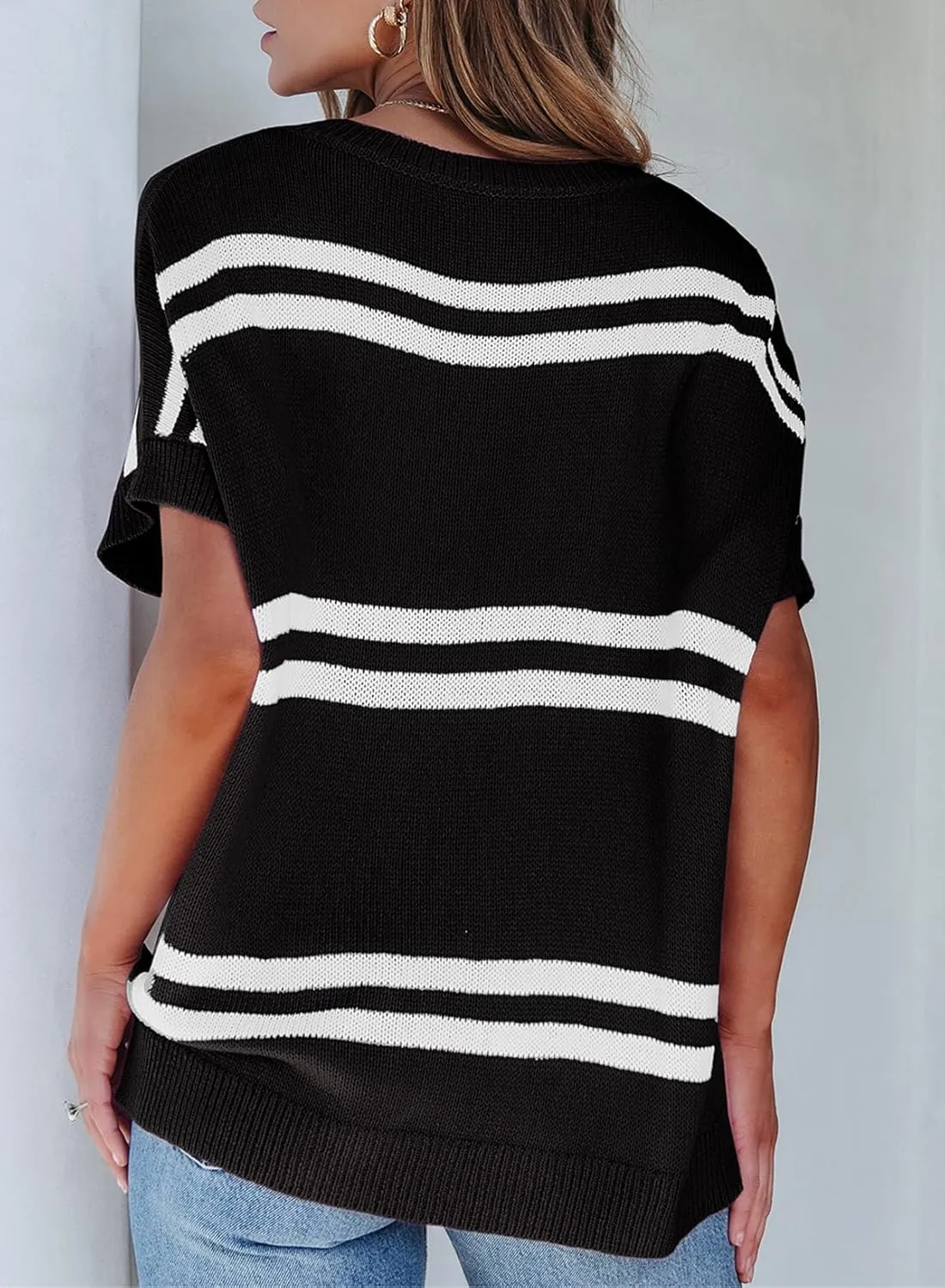 SHEWIN Oversized Sweaters for Women Causal V Neck T Shirts Loose Short Sleeve Sweater Spring Tops